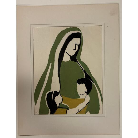 Vintage mid century linoleum block print art family￼ - Picture 1 of 1